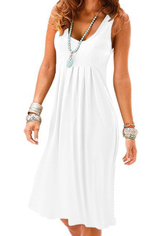 Camisunny Pleated Summer Dress for Women Cotton Sleeveless Vest Dress Cotton Crew Neck White Size XL - Image 1